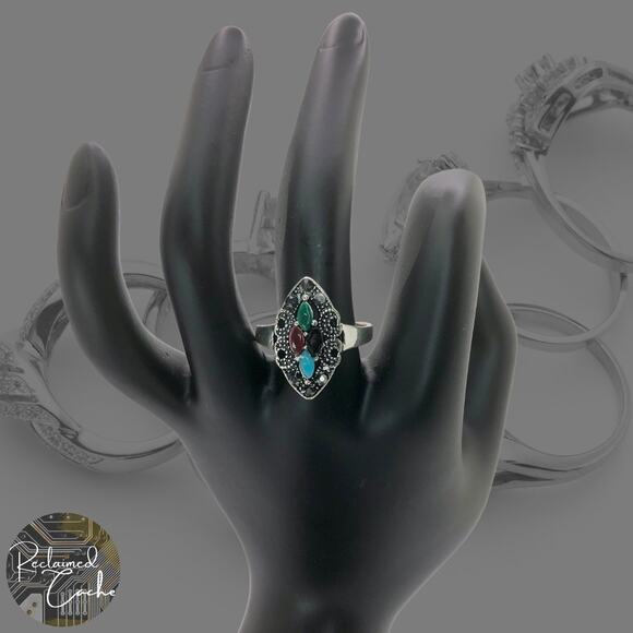 Silver and Multicolor Rhinestone Statement Ring - Size 10 - Picture 1 of 7